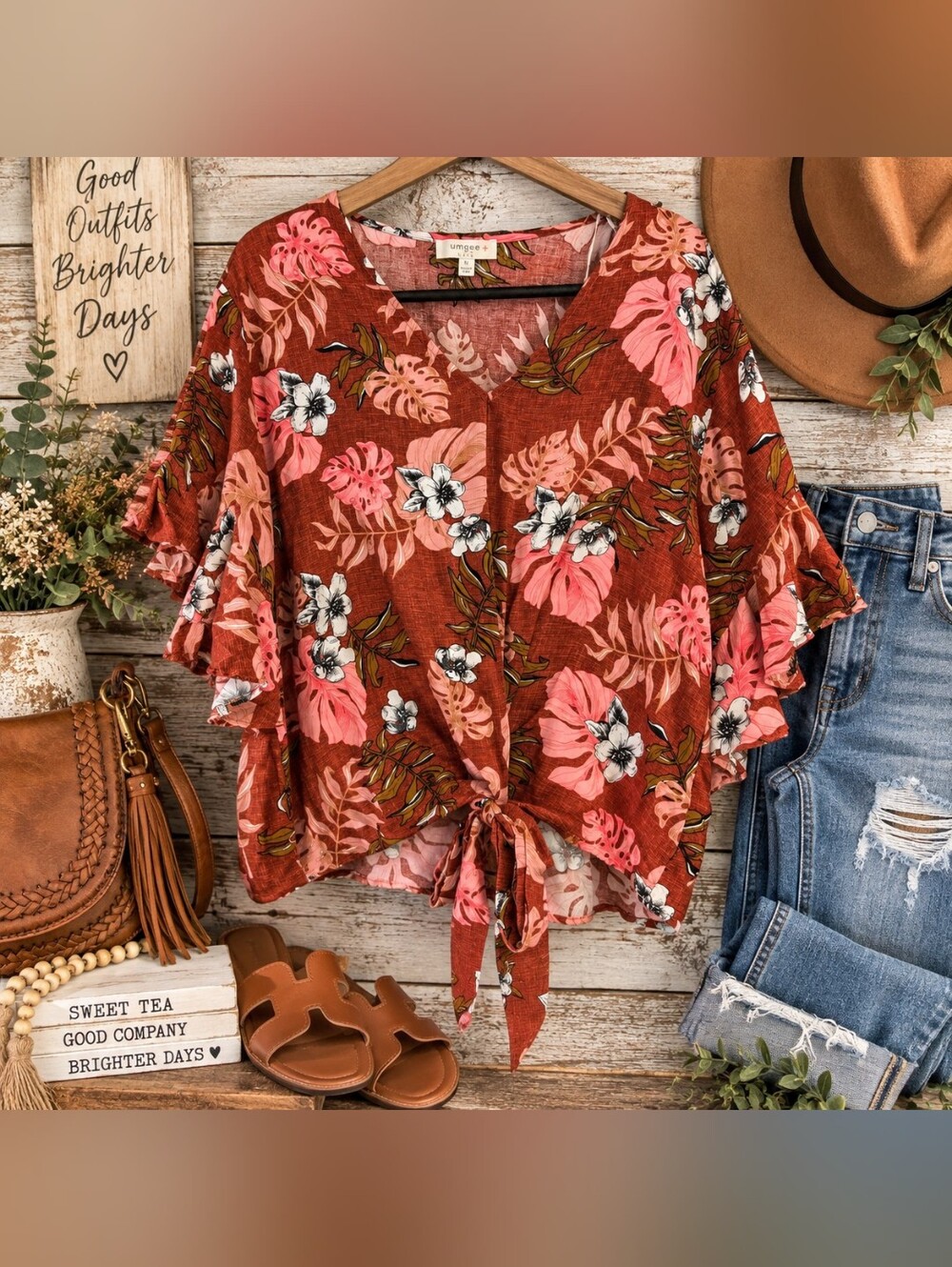 Umgee XL Rust Tropical Floral Boho Blouse Front Tie Flutter Sleeve Rayon Top